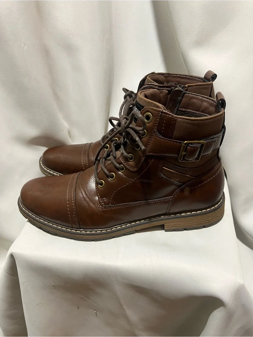 Steve Madden Brown Leather Lace-Up Combat Ankle Boots Buckle Zip Mens Size 9.5